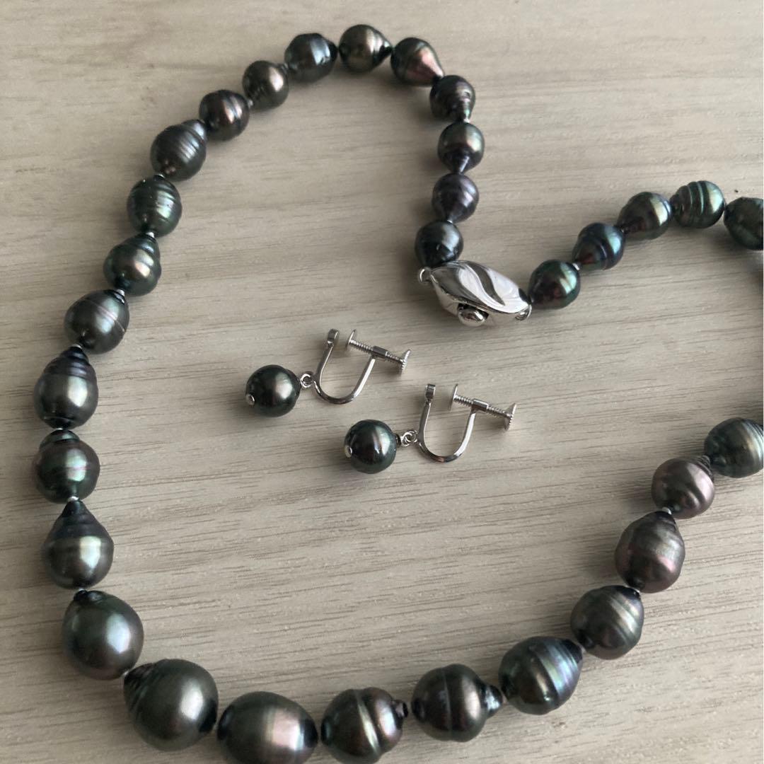 黒蝶真珠ネックレス　ブラックパール　タヒチ　バロック　イヤリング　本真珠　刻印