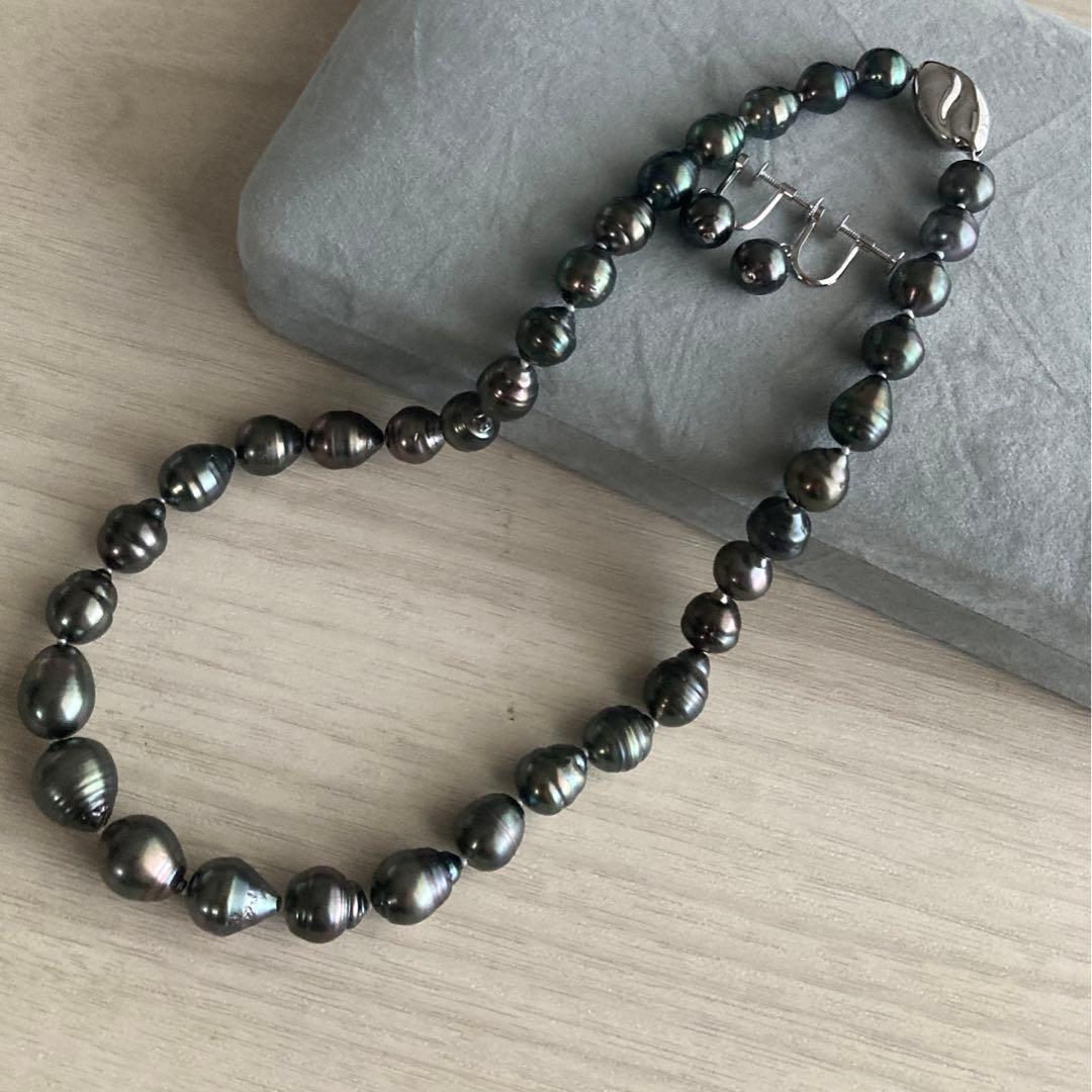 黒蝶真珠ネックレス　ブラックパール　タヒチ　バロック　イヤリング　本真珠　刻印