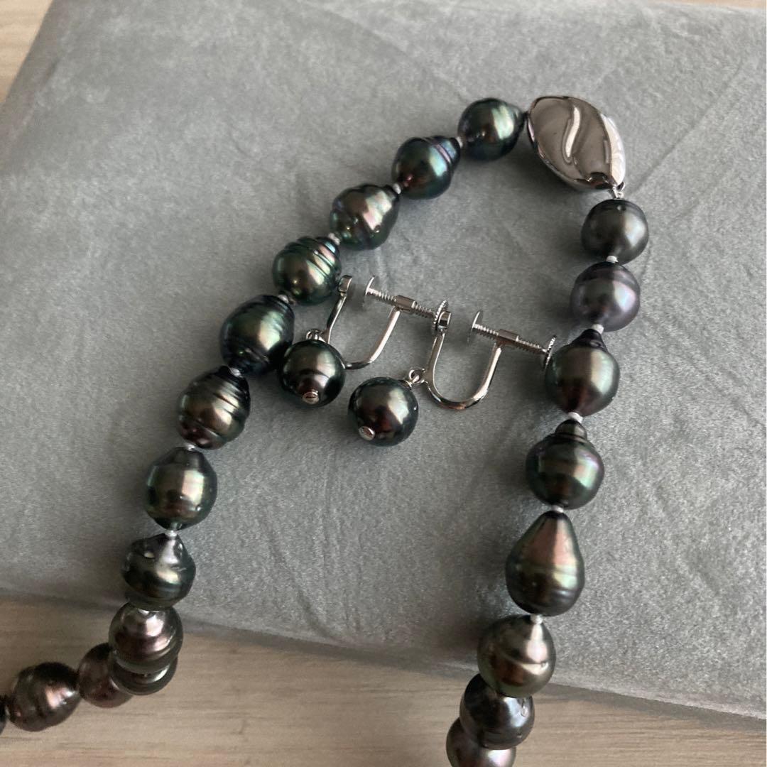 黒蝶真珠ネックレス　ブラックパール　タヒチ　バロック　イヤリング　本真珠　刻印