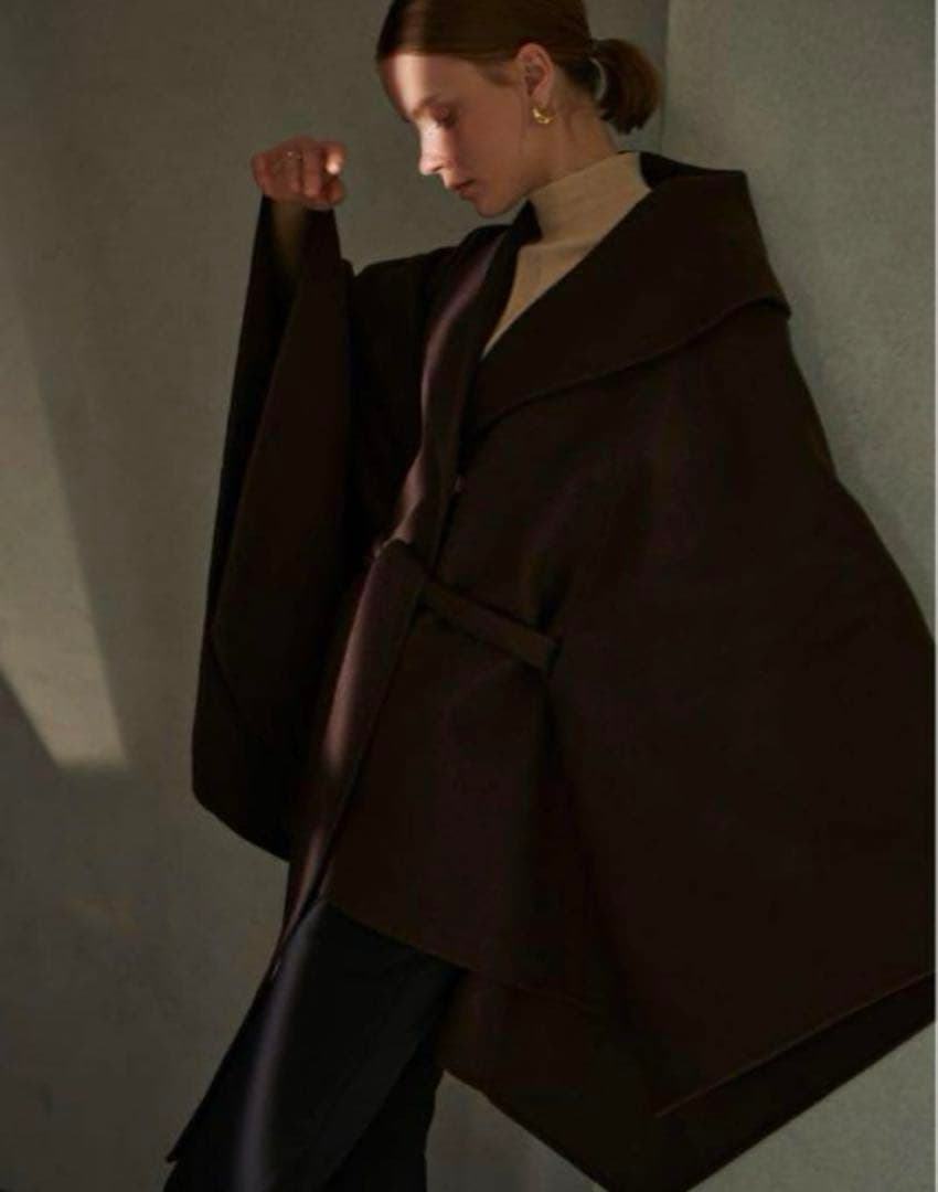 L'Or レギュラーヘム　ケープコート　ダークブラウン　かじまり　ウールコート