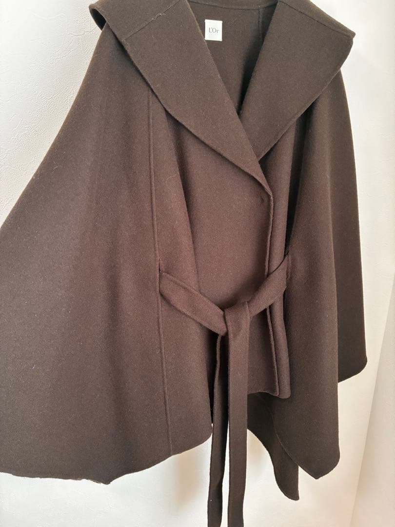 L'Or レギュラーヘム　ケープコート　ダークブラウン　かじまり　ウールコート