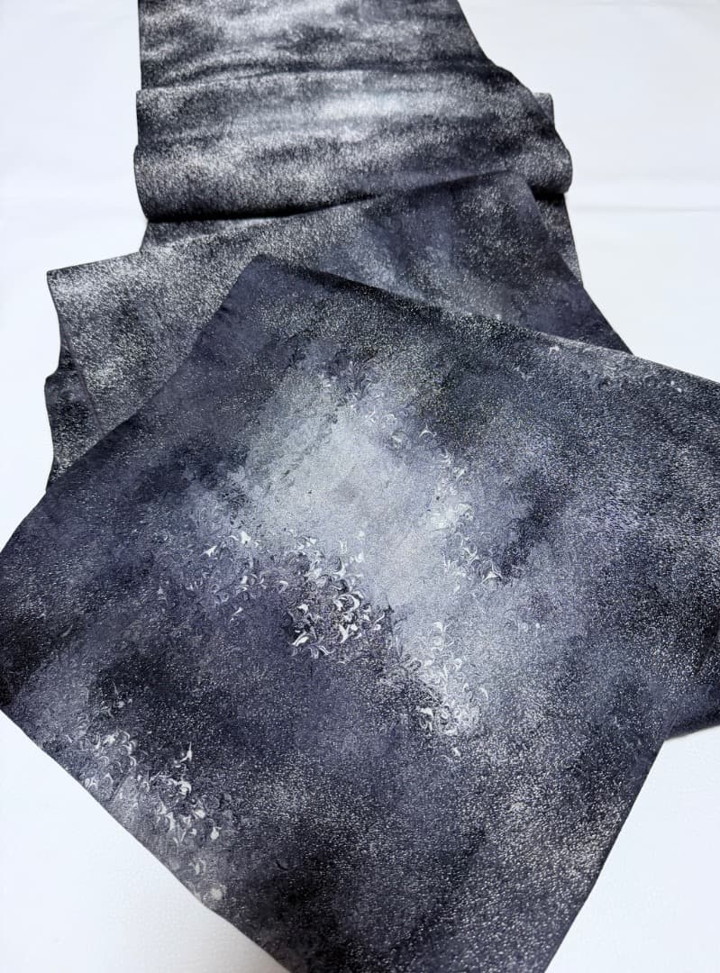 高級 袋帯 正絹 六通柄 墨流し 落款入り ブルー ブラック フォーマル 訪問着