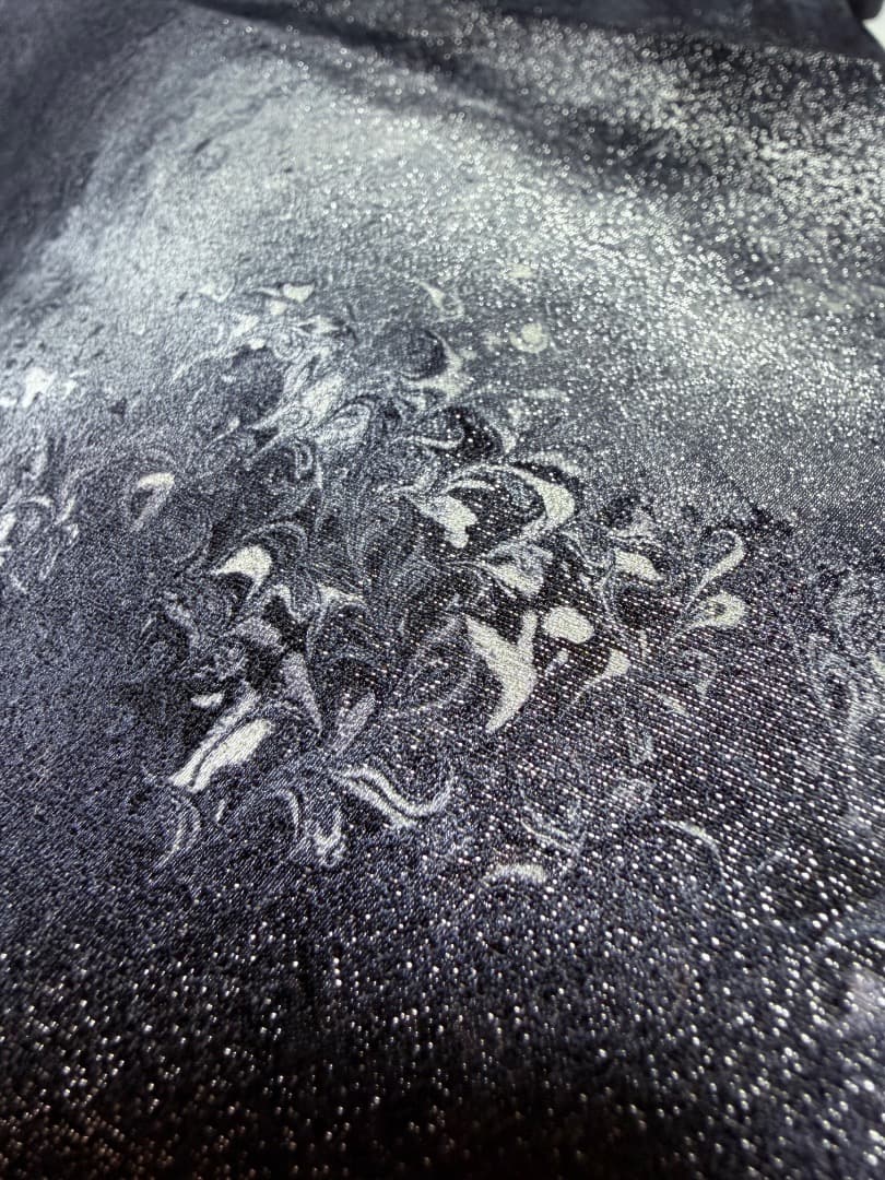 高級 袋帯 正絹 六通柄 墨流し 落款入り ブルー ブラック フォーマル 訪問着