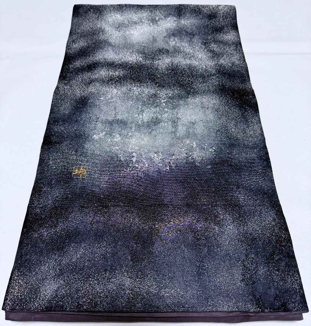 高級 袋帯 正絹 六通柄 墨流し 落款入り ブルー ブラック フォーマル 訪問着