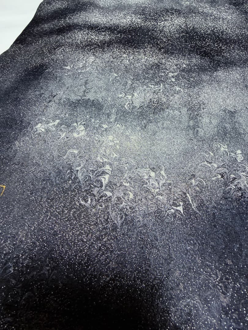 高級 袋帯 正絹 六通柄 墨流し 落款入り ブルー ブラック フォーマル 訪問着