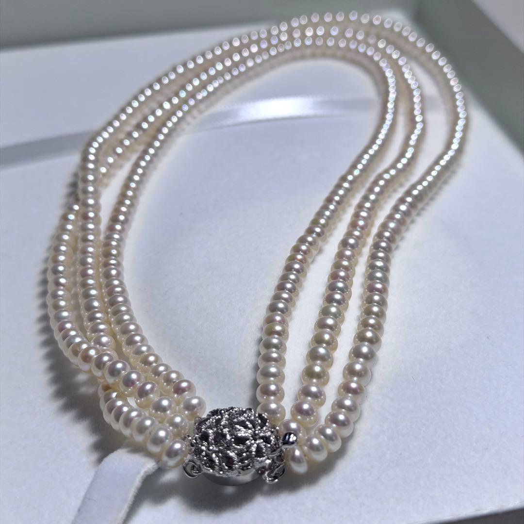 美品★テリ鮮やか★真珠3連ネックレス 本真珠 リアルパール シルバー金具