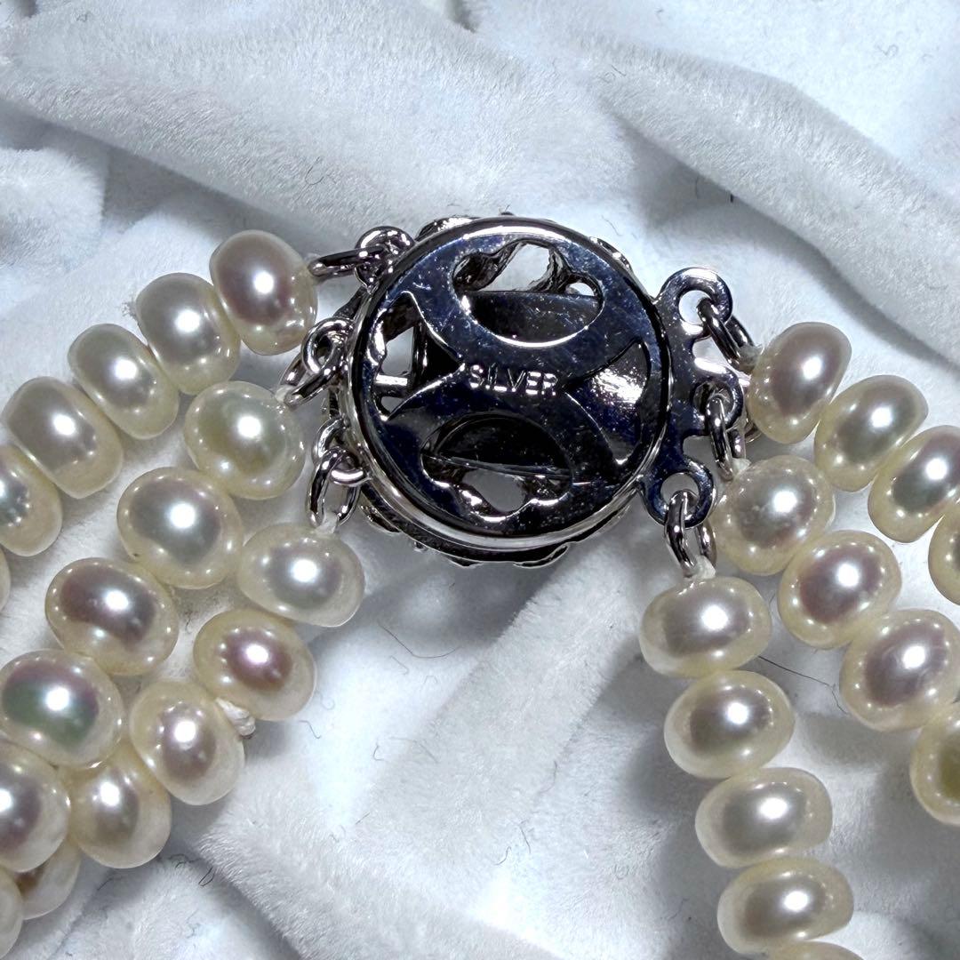 美品★テリ鮮やか★真珠3連ネックレス 本真珠 リアルパール シルバー金具