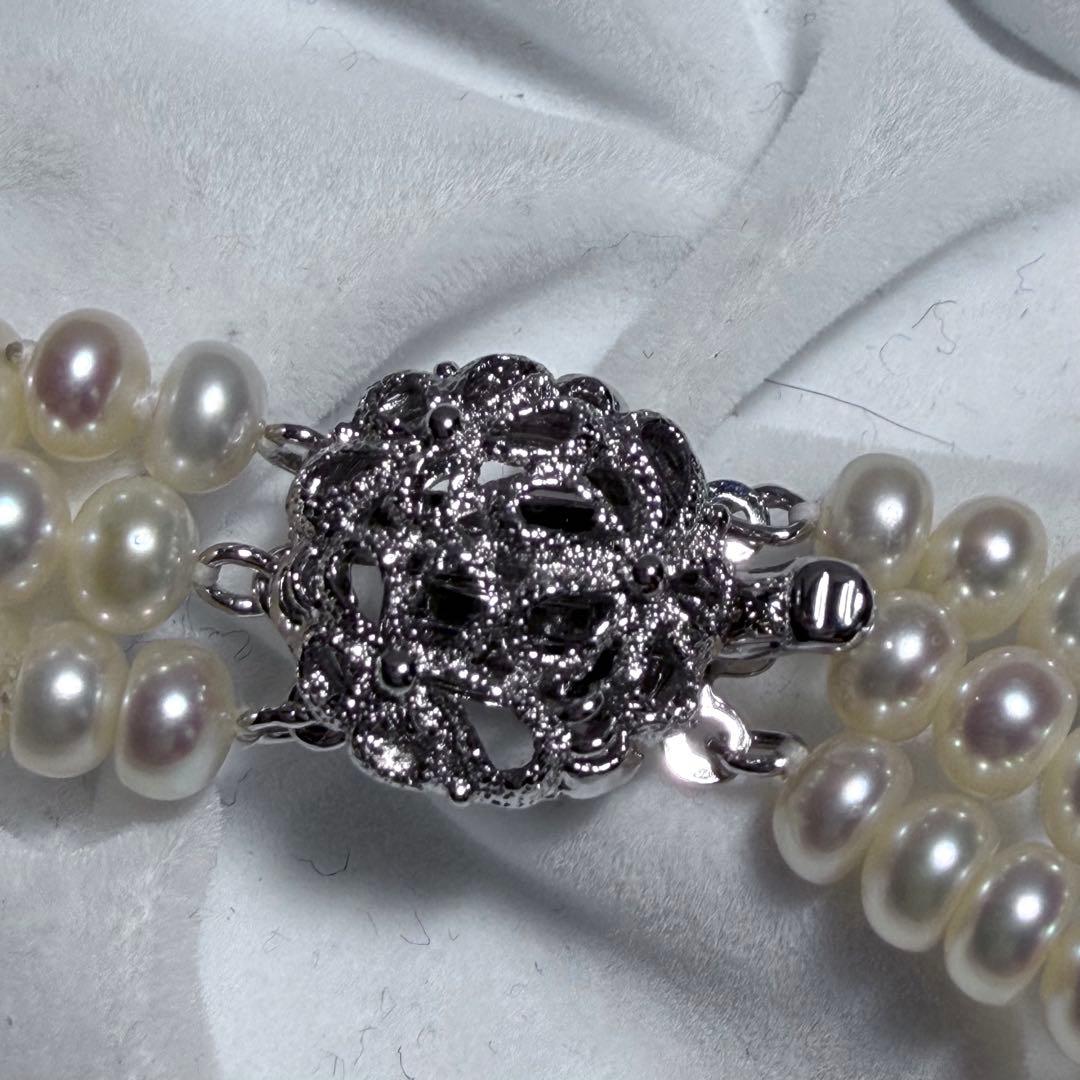 美品★テリ鮮やか★真珠3連ネックレス 本真珠 リアルパール シルバー金具