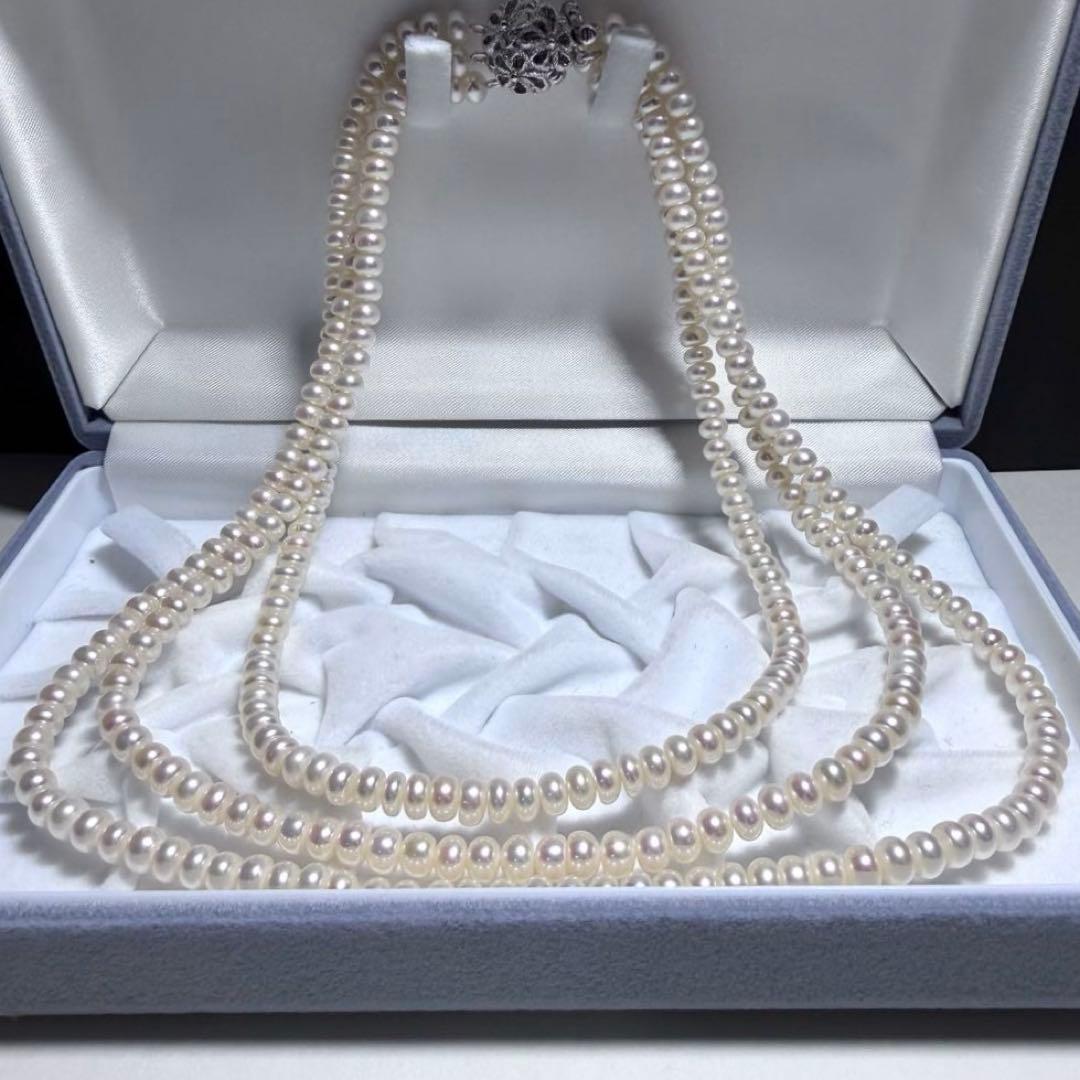 美品★テリ鮮やか★真珠3連ネックレス 本真珠 リアルパール シルバー金具