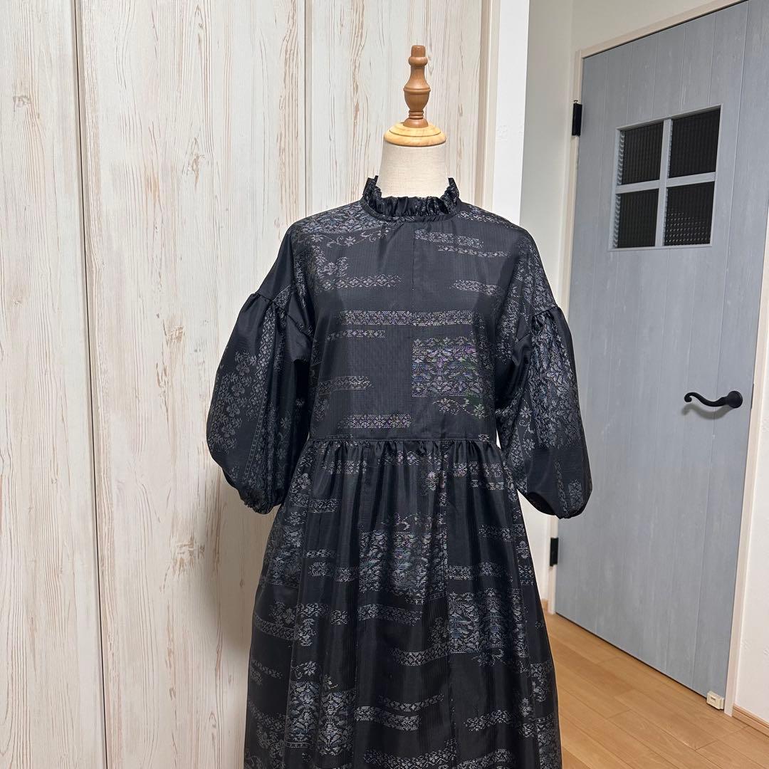 着物リメイク 大島紬(証紙あり)からフリル襟の後ろボタンワンピース(L~LL)