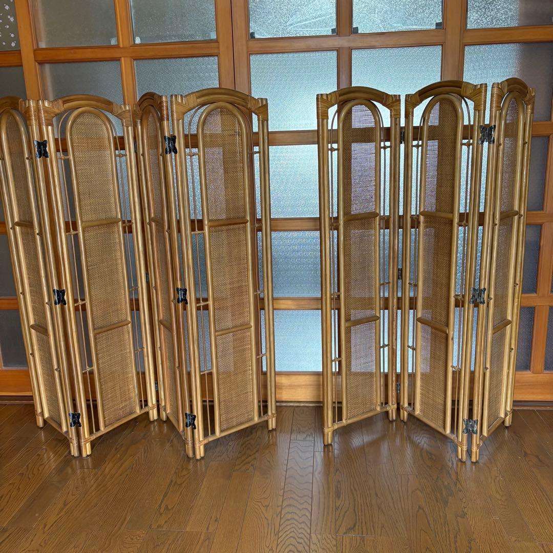 【昭和レトロ】籐 ラタン 4連・3連ペアセット　　パーテーション　間仕切り　衝立
