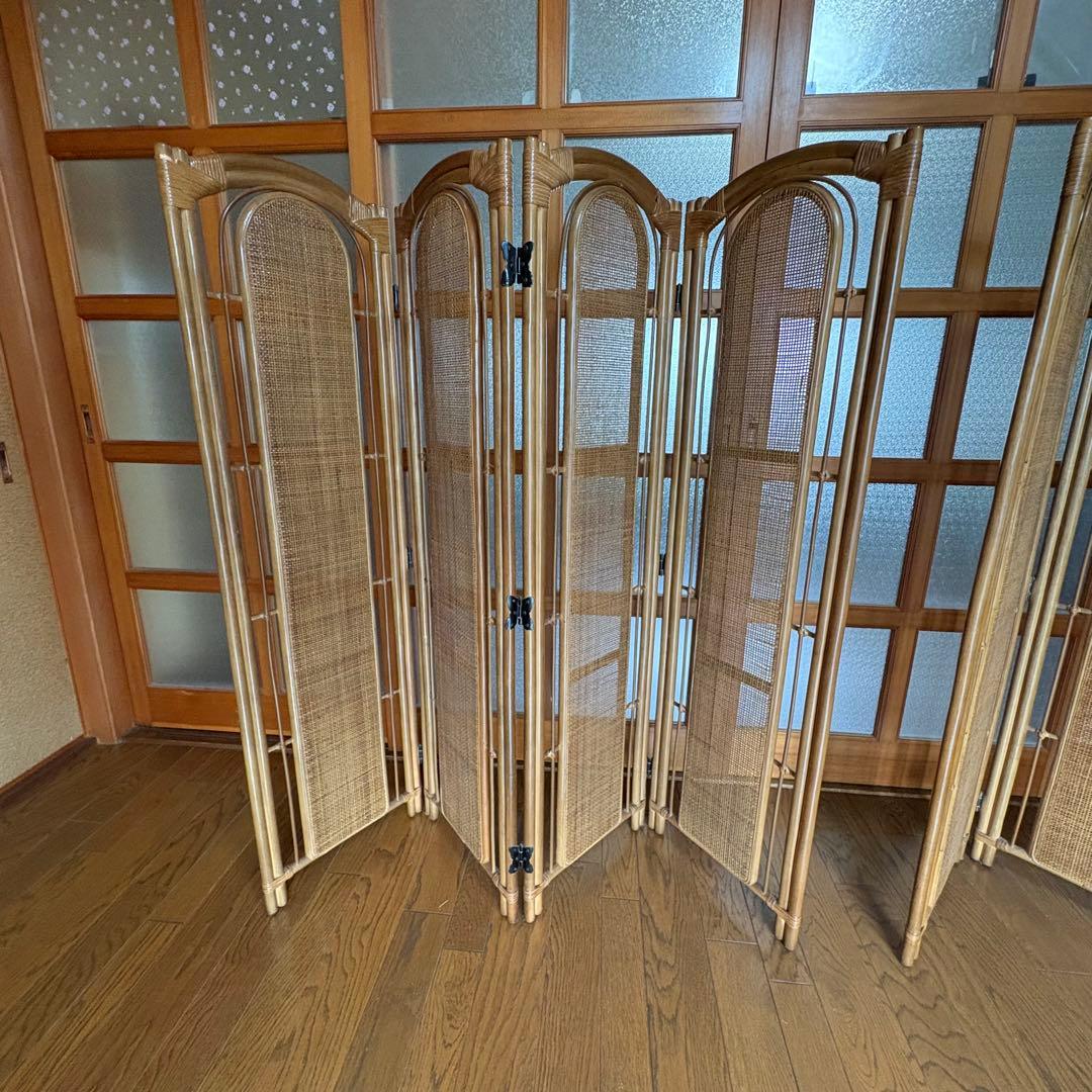 【昭和レトロ】籐 ラタン 4連・3連ペアセット　　パーテーション　間仕切り　衝立
