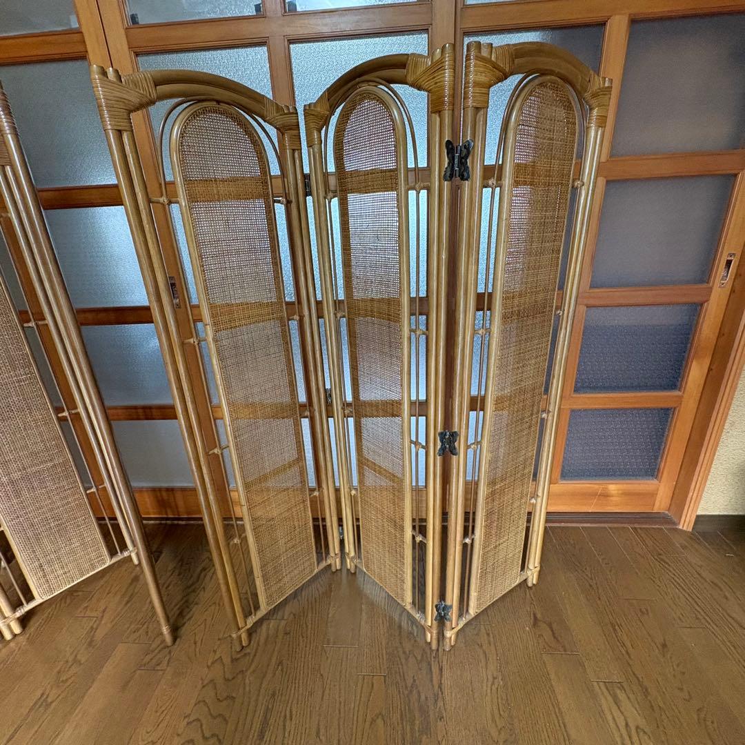 【昭和レトロ】籐 ラタン 4連・3連ペアセット　　パーテーション　間仕切り　衝立