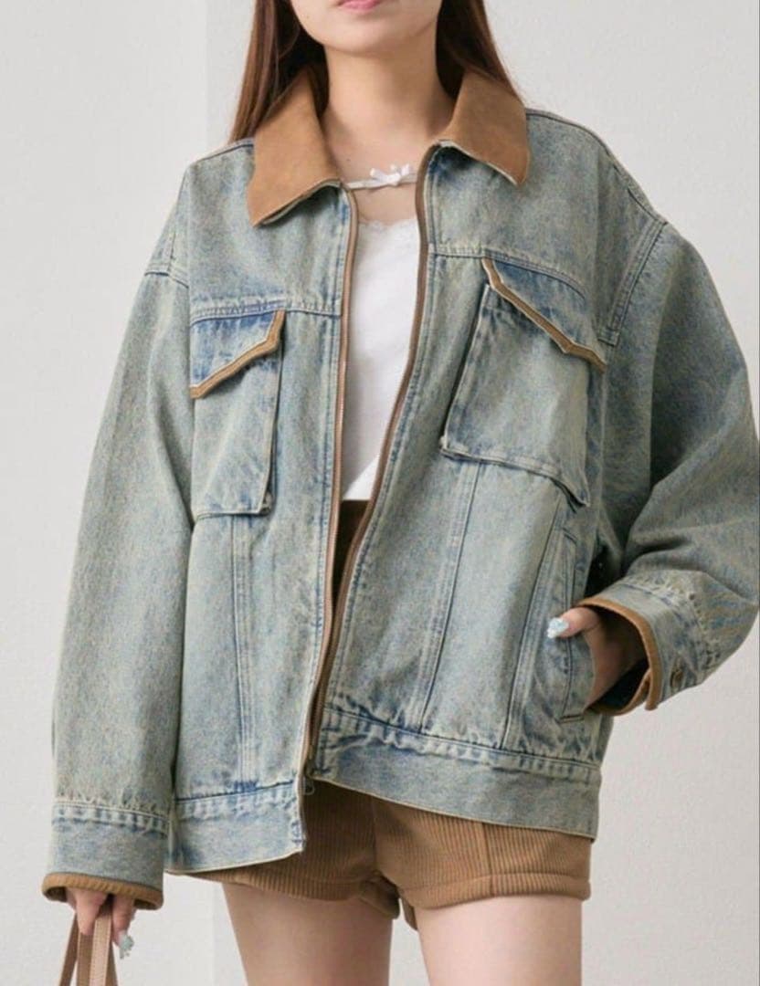 配色衿デニムブルゾン デニムジャケット Ｇジャン