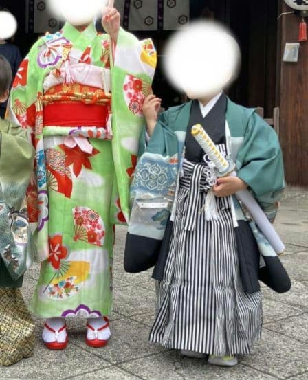 子供用 鶴刺繍 和服 青黒ストライプ