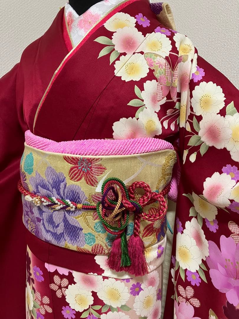えんじ＆クリームツートン正絹振袖 全て揃ったフルセット　身丈174裄丈68
