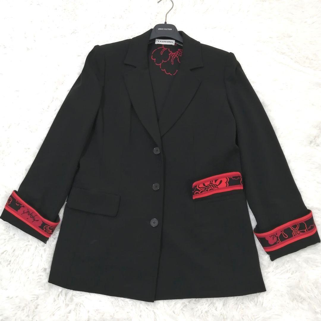 極美品✨ レオナール　ジャケット　トリム　44　大きいサイズ　裏地総柄　上品