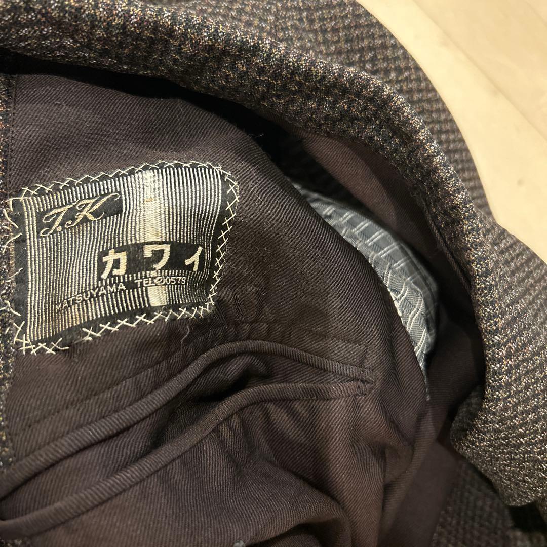 90s 昭和　ダークブラウン チェック柄 ダブル　ビンテージ　スーツ　古着