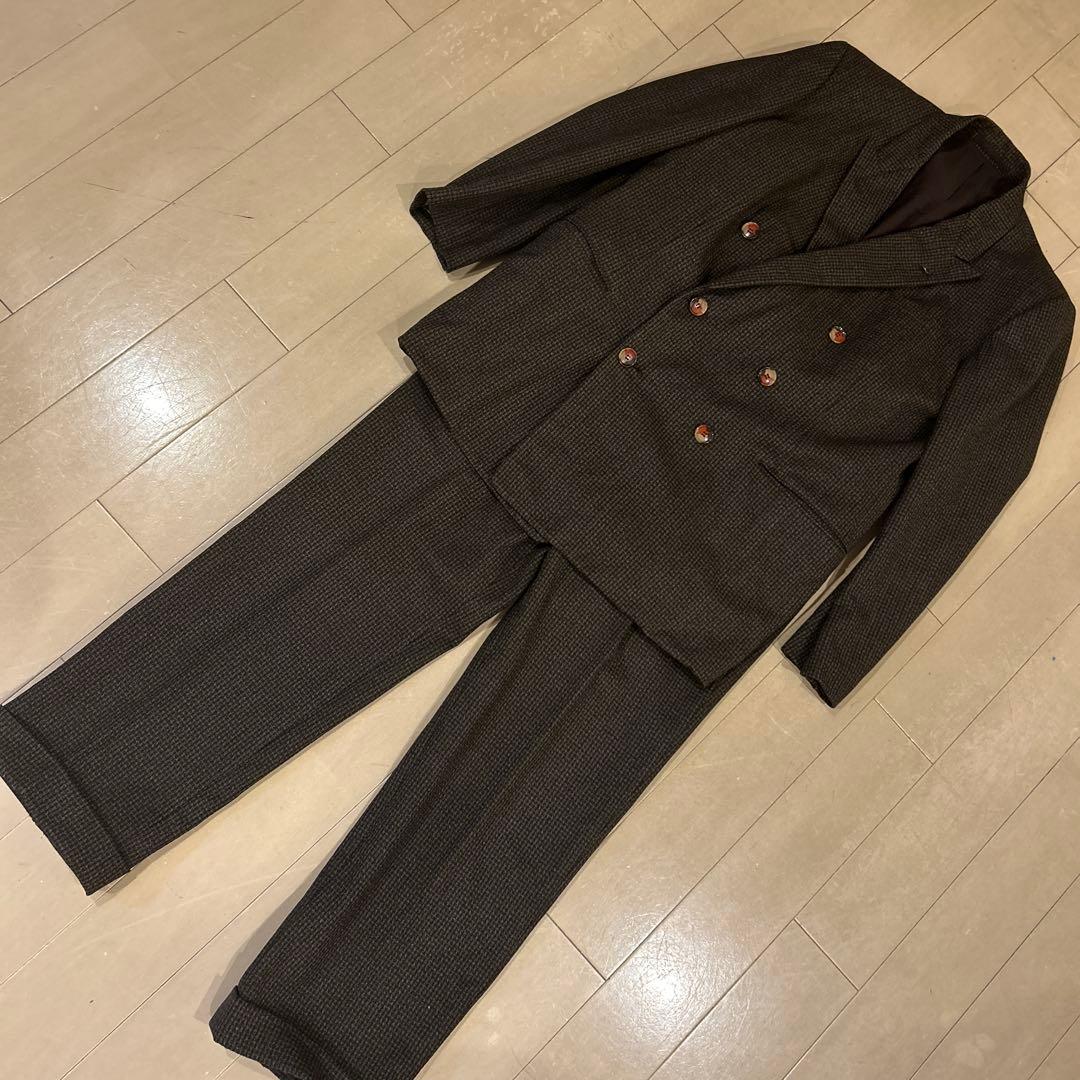 90s 昭和　ダークブラウン チェック柄 ダブル　ビンテージ　スーツ　古着