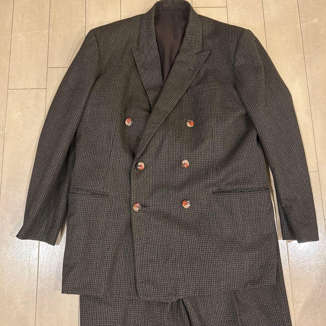 90s 昭和　ダークブラウン チェック柄 ダブル　ビンテージ　スーツ　古着