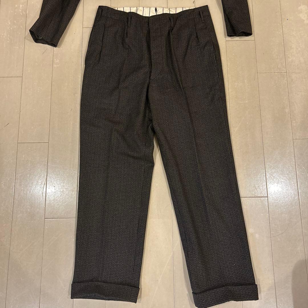 90s 昭和　ダークブラウン チェック柄 ダブル　ビンテージ　スーツ　古着