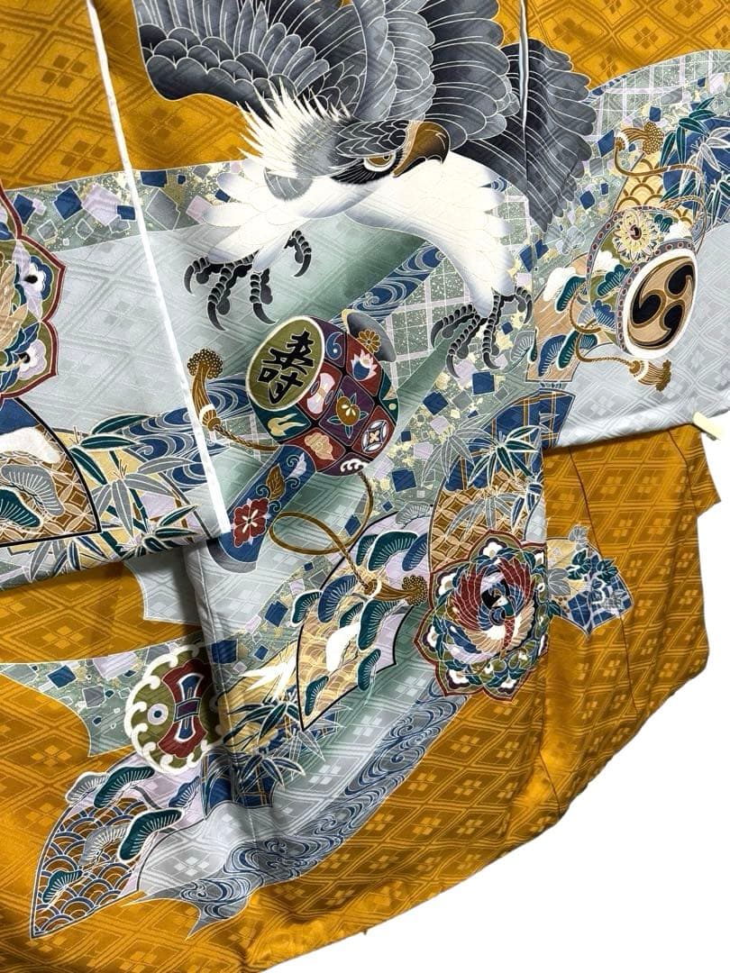 お宮参り　一つ身着物＋小物セット　男の子　正絹　からし色　鷹柄