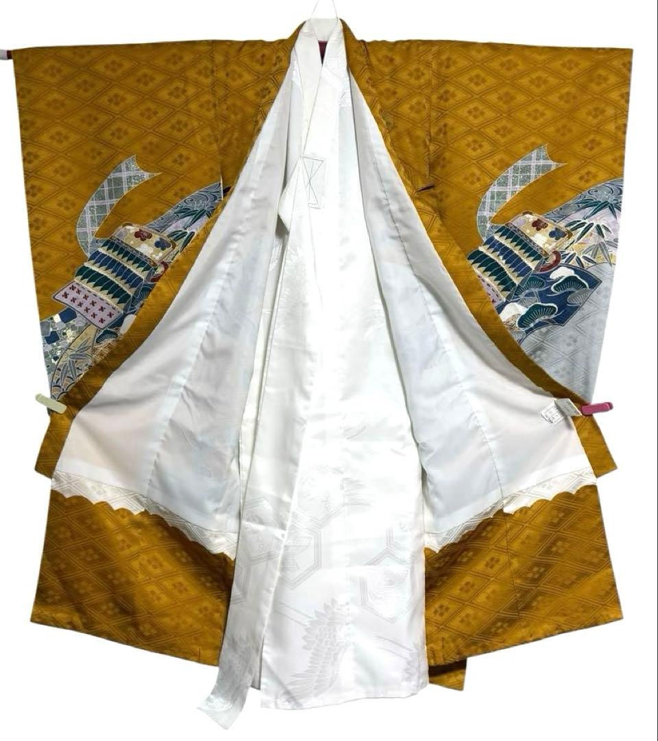 お宮参り　一つ身着物＋小物セット　男の子　正絹　からし色　鷹柄