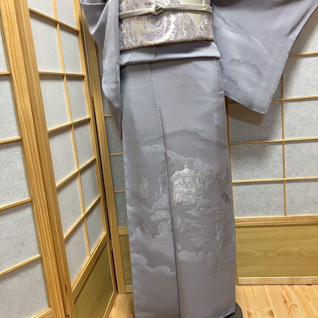 ［6817］訪問着 美品 銀閣寺 銀糸 反端付 一つ紋 花菱 正絹 着物 袷