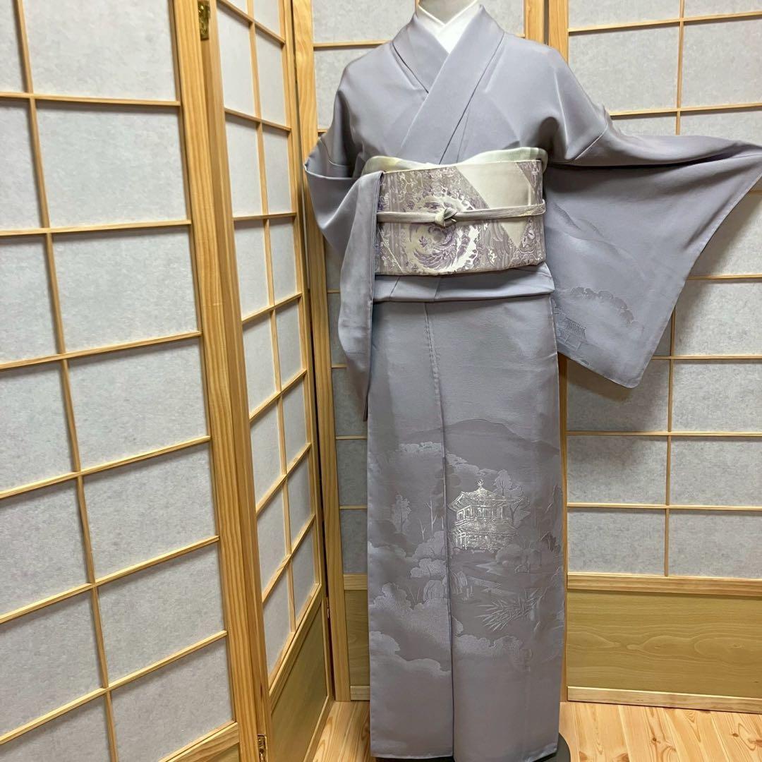 ［6817］訪問着 美品 銀閣寺 銀糸 反端付 一つ紋 花菱 正絹 着物 袷