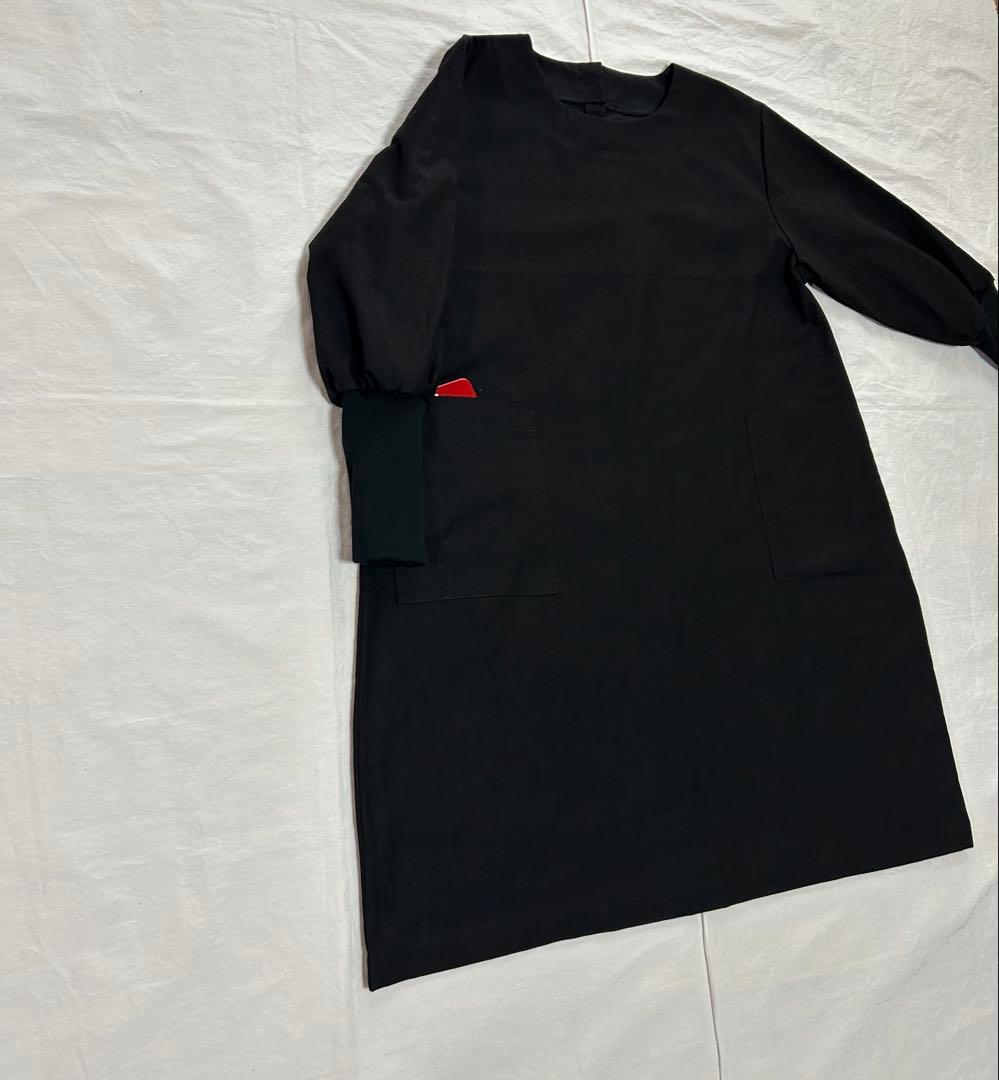 【あいさま専用ページ墨黒ブラック】しっとりめ肌感中厚＊リブ袖口かっぽう着ワンピ