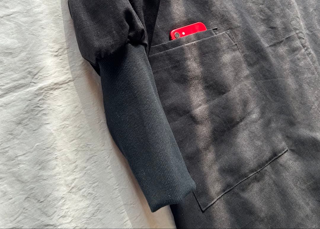 【あいさま専用ページ墨黒ブラック】しっとりめ肌感中厚＊リブ袖口かっぽう着ワンピ