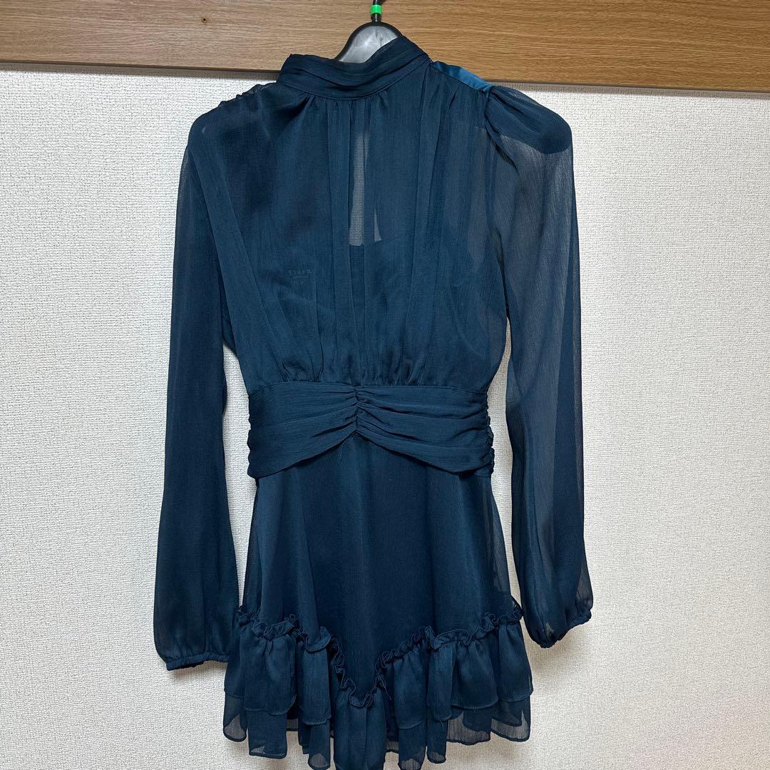 【ria】キャバドレスミニ/ワンピース/ネイビー/袖あり/長袖/フレア/シフォン