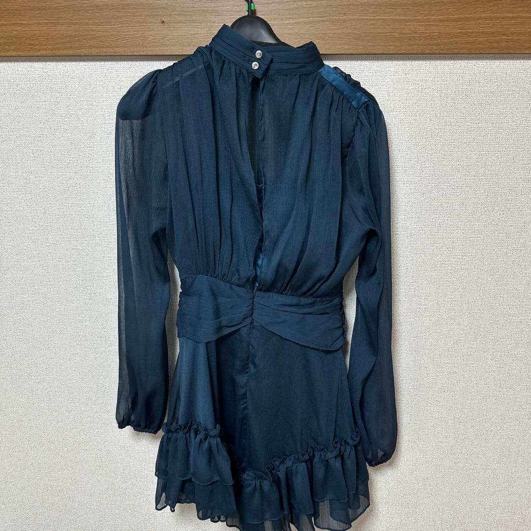 【ria】キャバドレスミニ/ワンピース/ネイビー/袖あり/長袖/フレア/シフォン