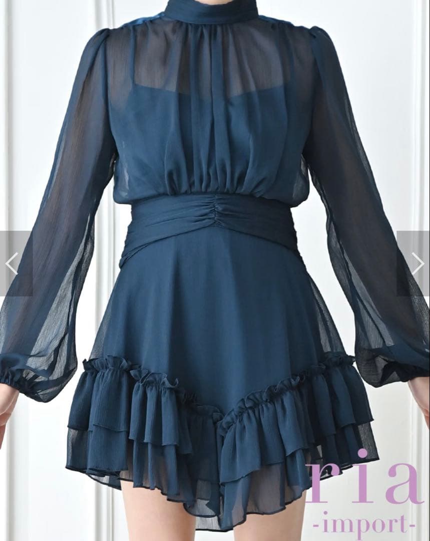 【ria】キャバドレスミニ/ワンピース/ネイビー/袖あり/長袖/フレア/シフォン