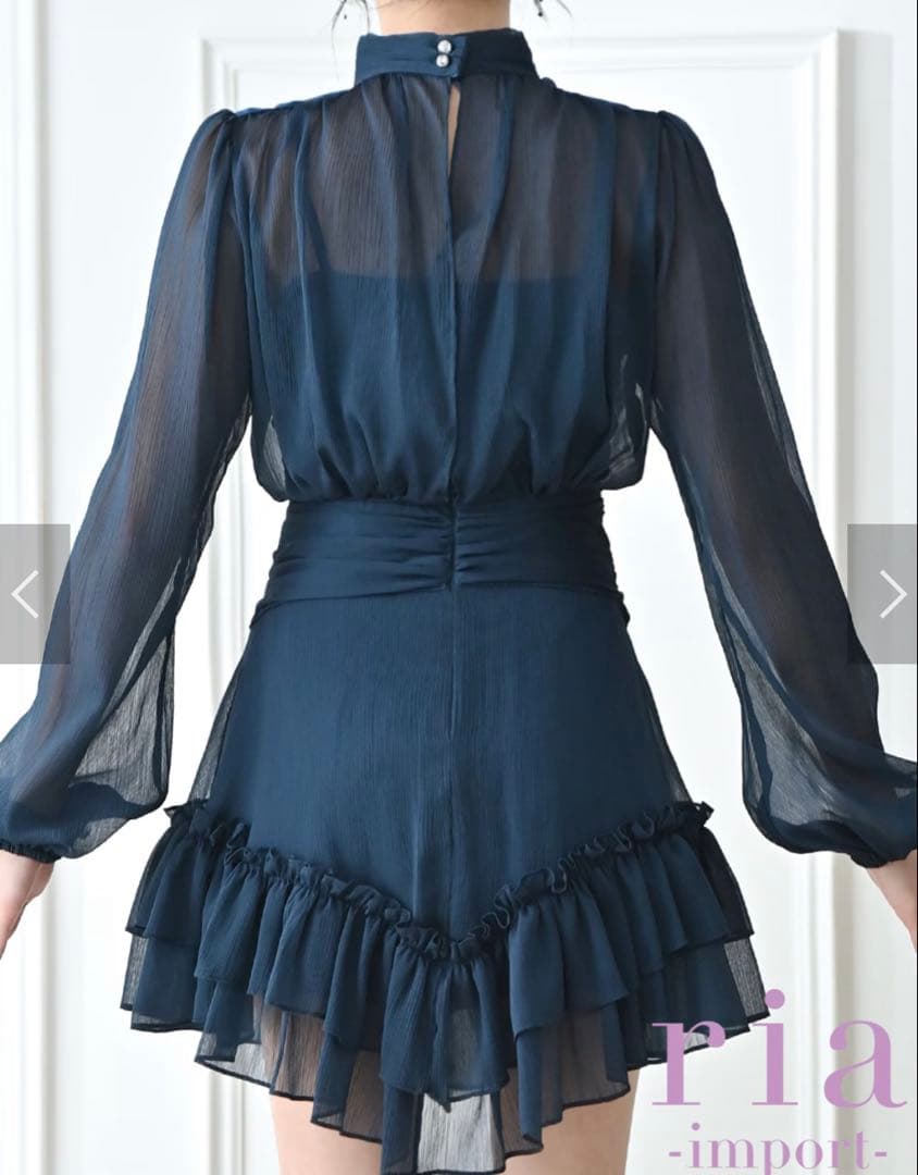 【ria】キャバドレスミニ/ワンピース/ネイビー/袖あり/長袖/フレア/シフォン