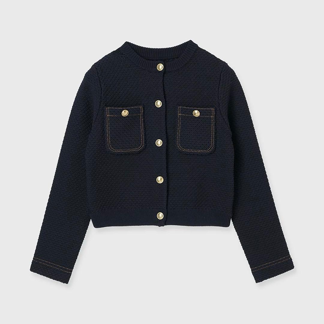 美品 anuans アニュアンス ノーカラーニットジャケット ネイビー S