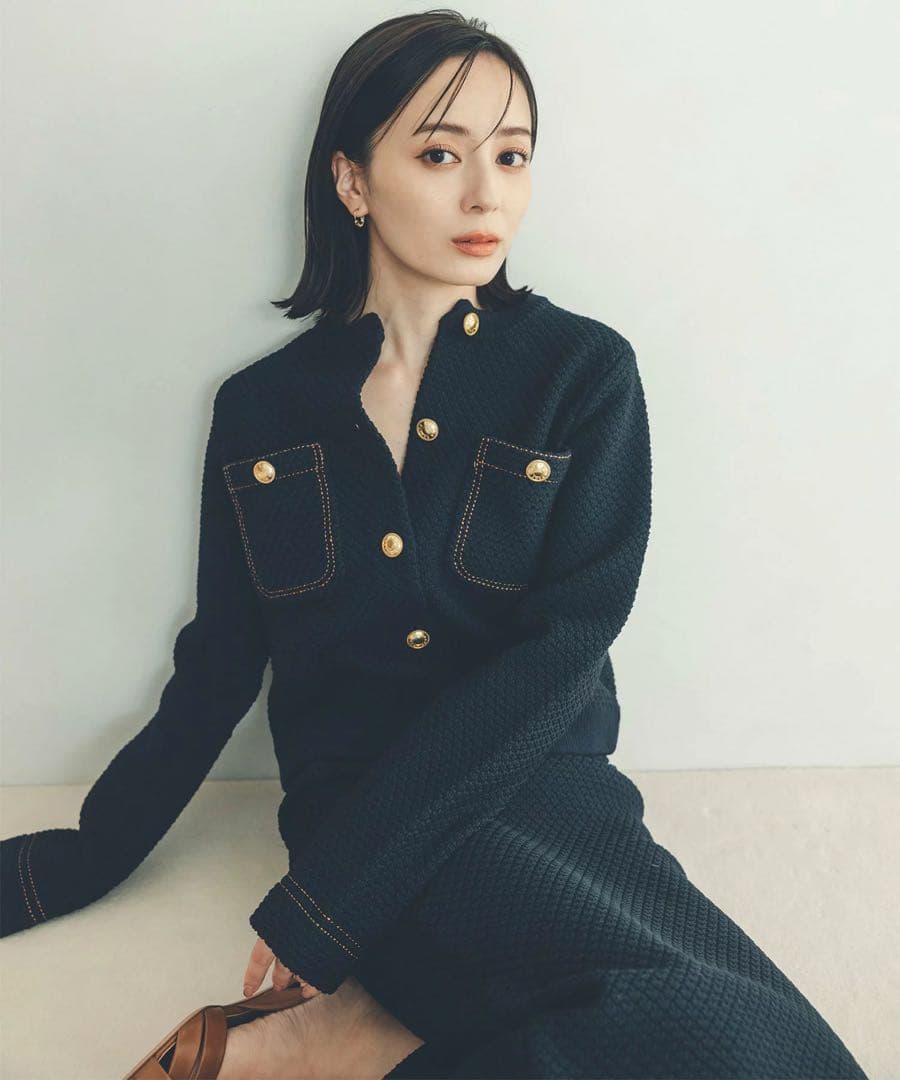 美品 anuans アニュアンス ノーカラーニットジャケット ネイビー S