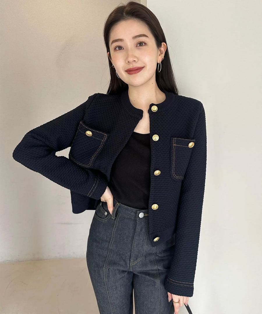 美品 anuans アニュアンス ノーカラーニットジャケット ネイビー S