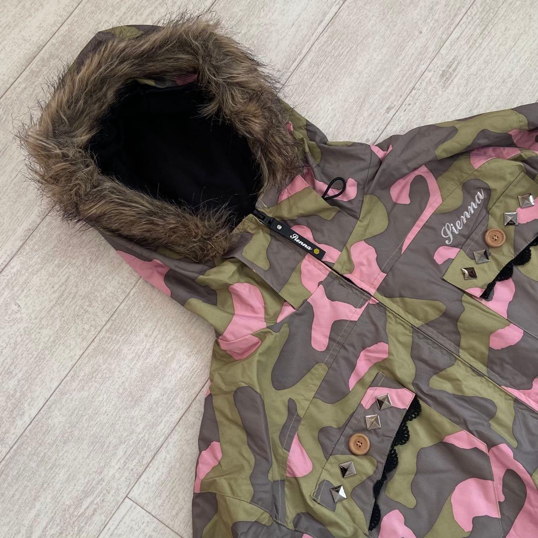 美品☆スノーボードウェアセット／カモフラージュピンク／スタッズ・レース・ファー付