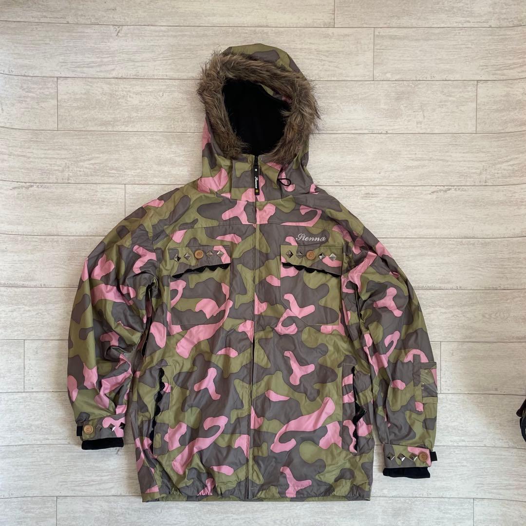美品☆スノーボードウェアセット／カモフラージュピンク／スタッズ・レース・ファー付