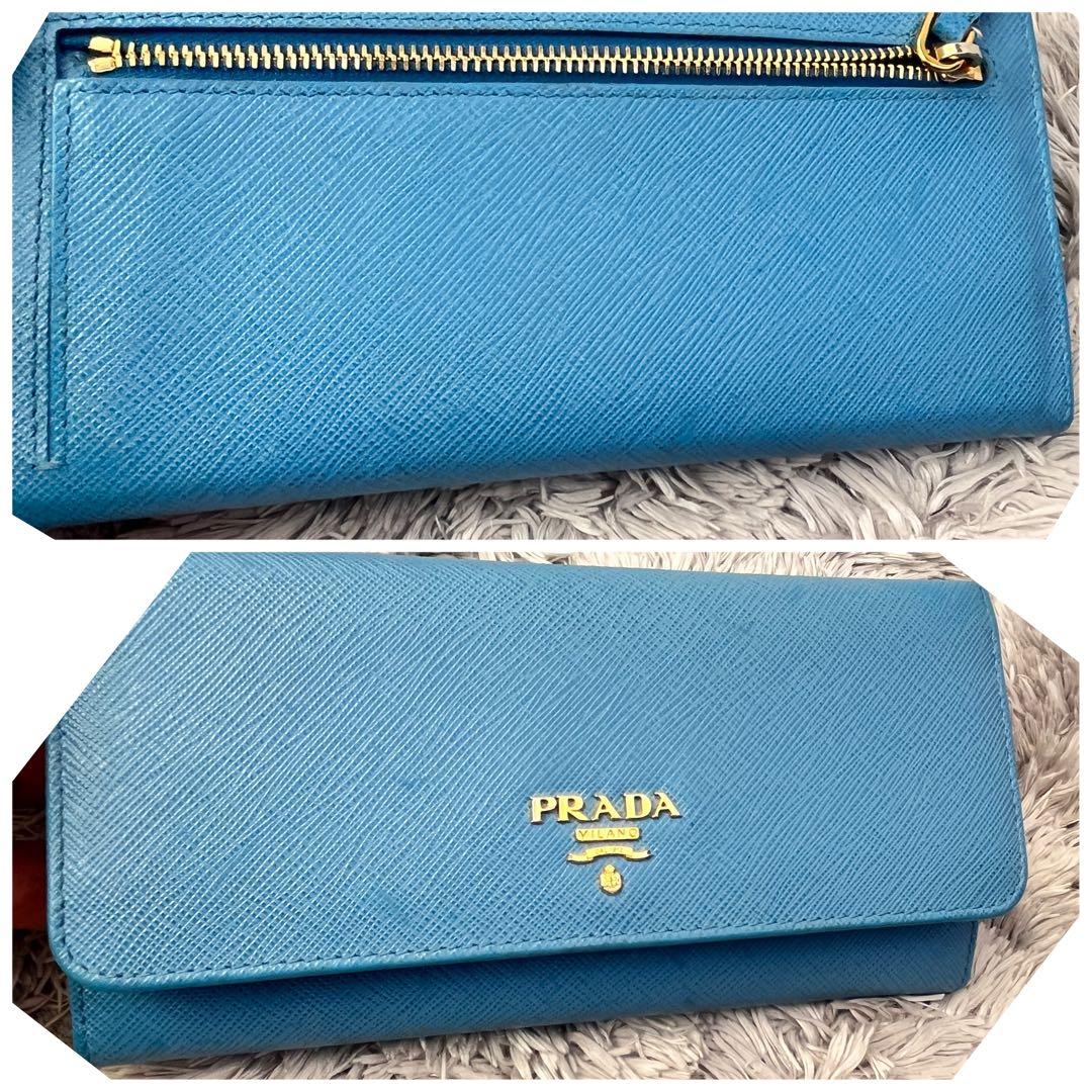 良品✨PRADA サフィアーノ　メタルロゴ　ライトブルー　レディース　長財布