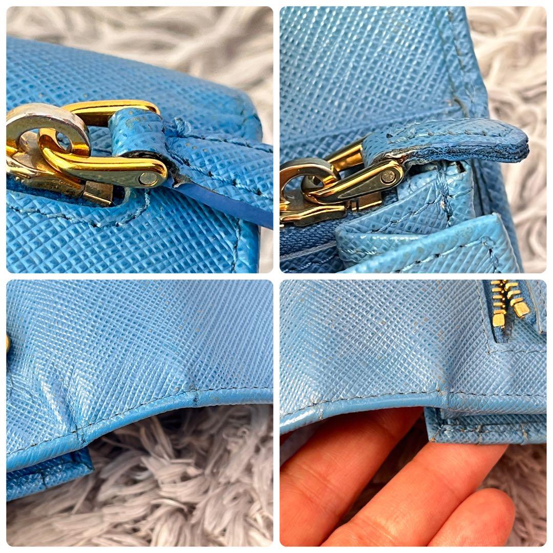 良品✨PRADA サフィアーノ　メタルロゴ　ライトブルー　レディース　長財布