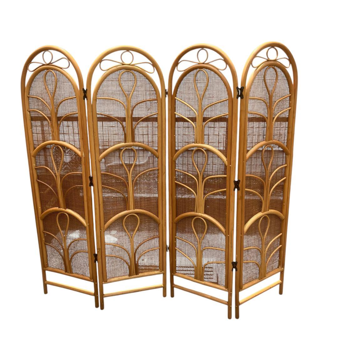 昭和レトロ エスニック 4連 ラタンパーテーション 間仕切り 衝立 アジアン 籐