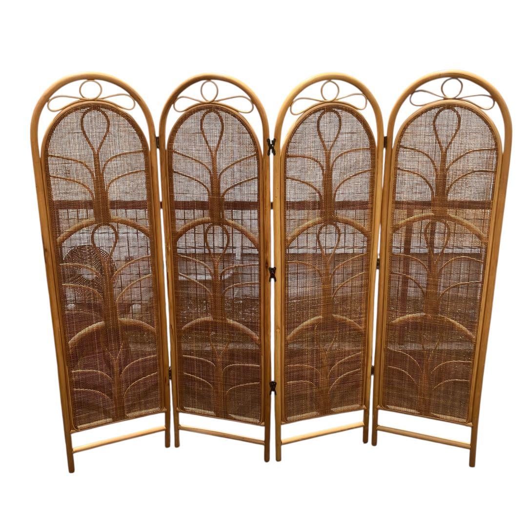 昭和レトロ エスニック 4連 ラタンパーテーション 間仕切り 衝立 アジアン 籐