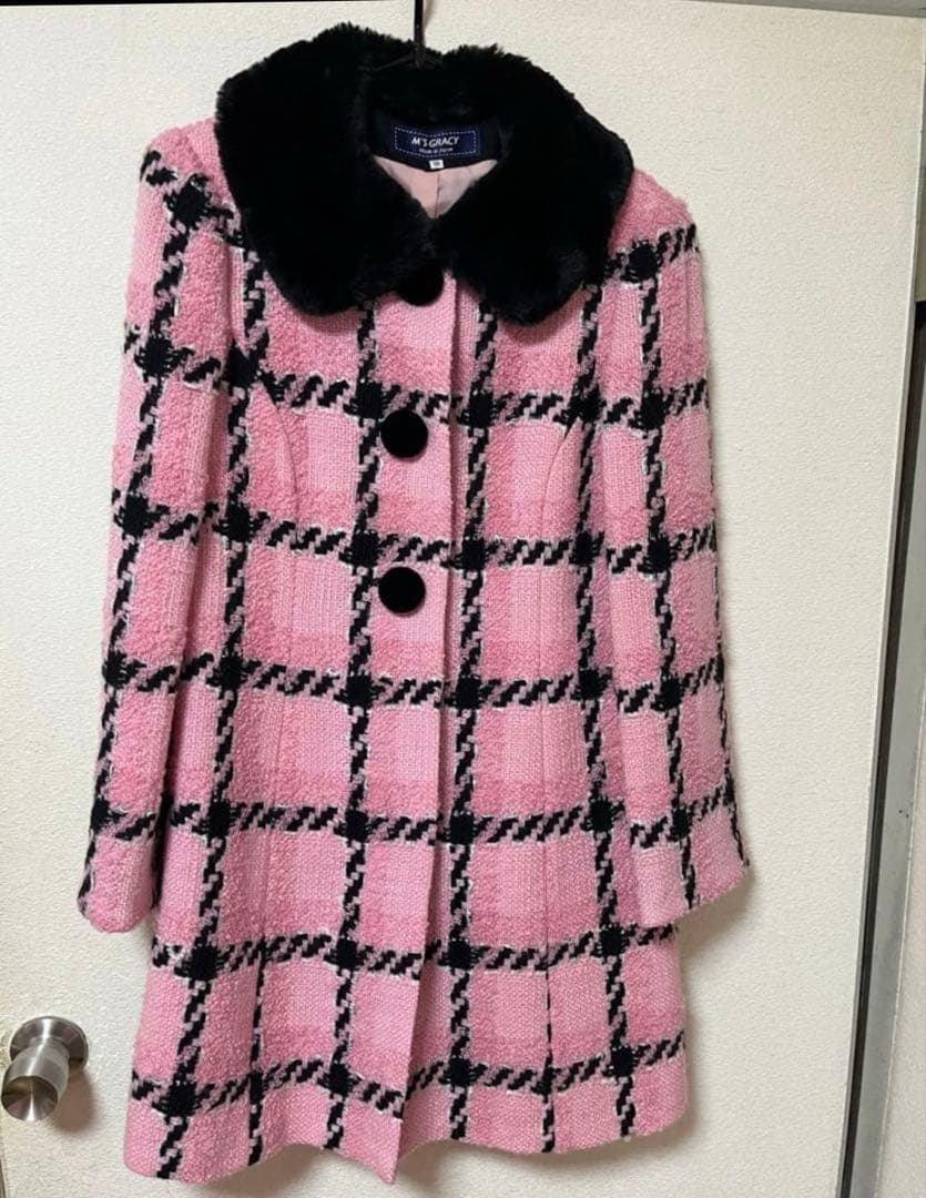 エムズグレイシー　ピンク　バービー ファー　ツイード　チェック　コート