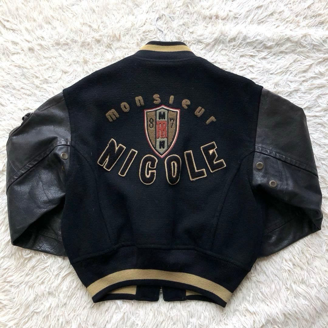 【美品 本人期 L位】ムッシュニコル　スタジャン　黒　アーチロゴ　袖レザー　本革