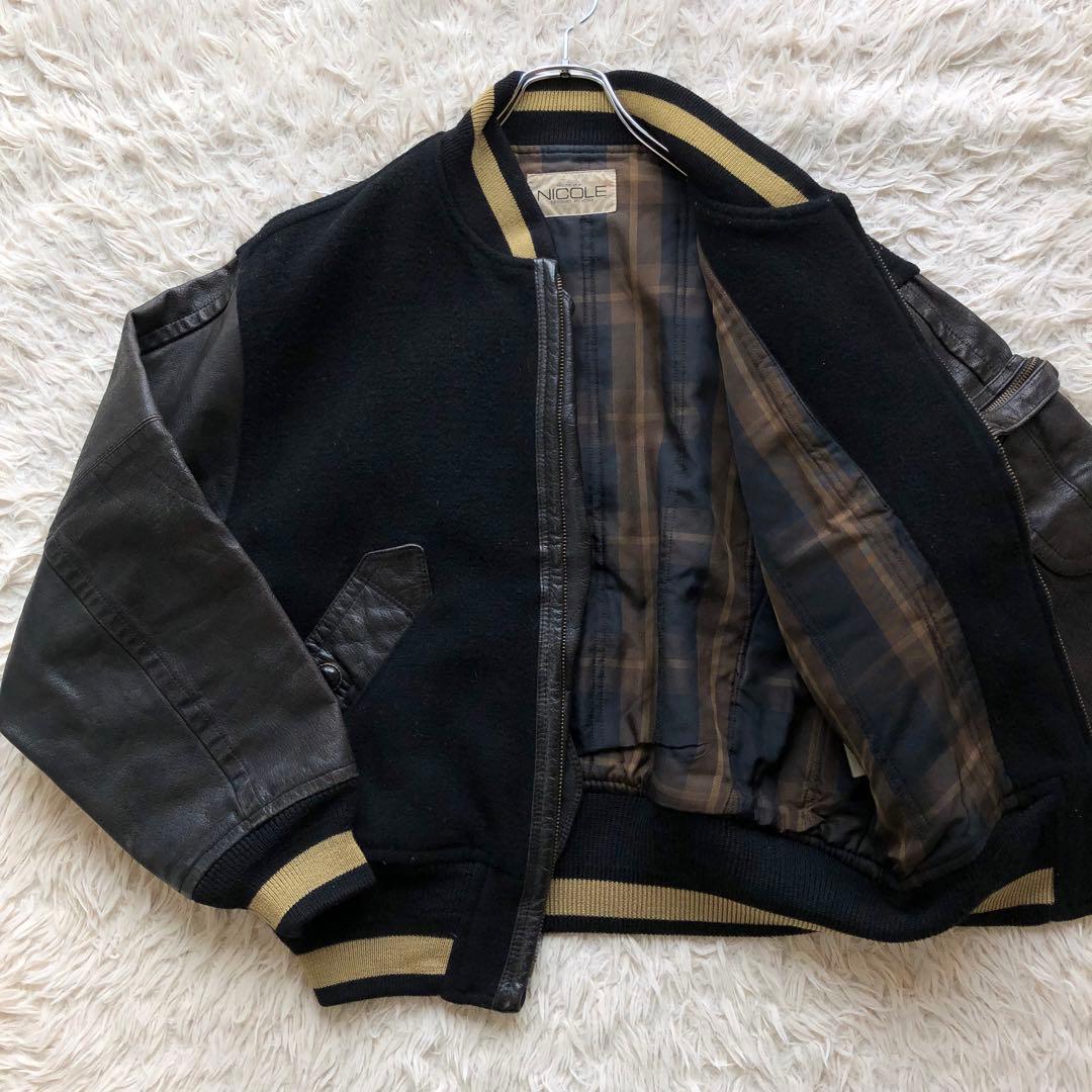 【美品 本人期 L位】ムッシュニコル　スタジャン　黒　アーチロゴ　袖レザー　本革