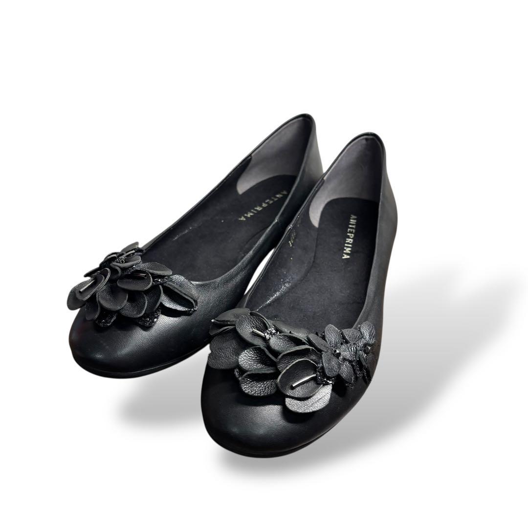 極美品　アンテプリマ　フラットシューズ　23.5 ブラック　レザー　フラワー