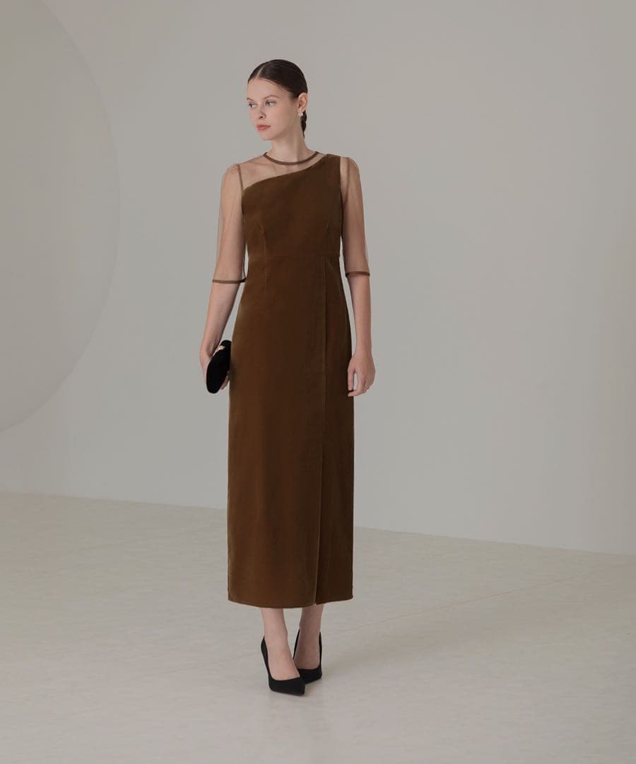アシンメトリーティアードフリル3WAYベロアIラインドレスワンピース ブラウンM