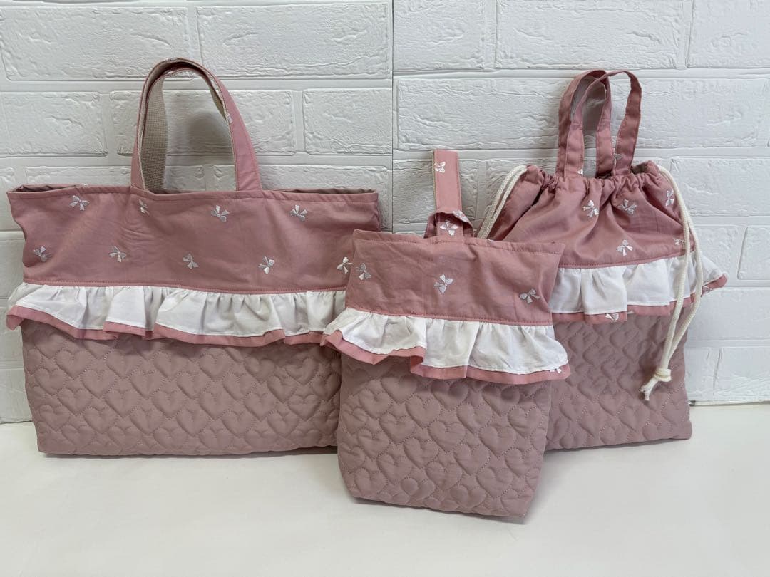 mill　5点set リボン刺繍　ハートキルティング　上履き袋　体操服袋